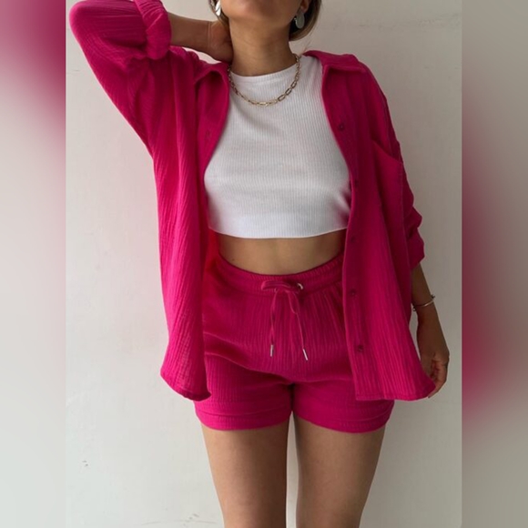 Texture Button Up Shirt and Drawstring Shorts Set - Picture 4 of 5